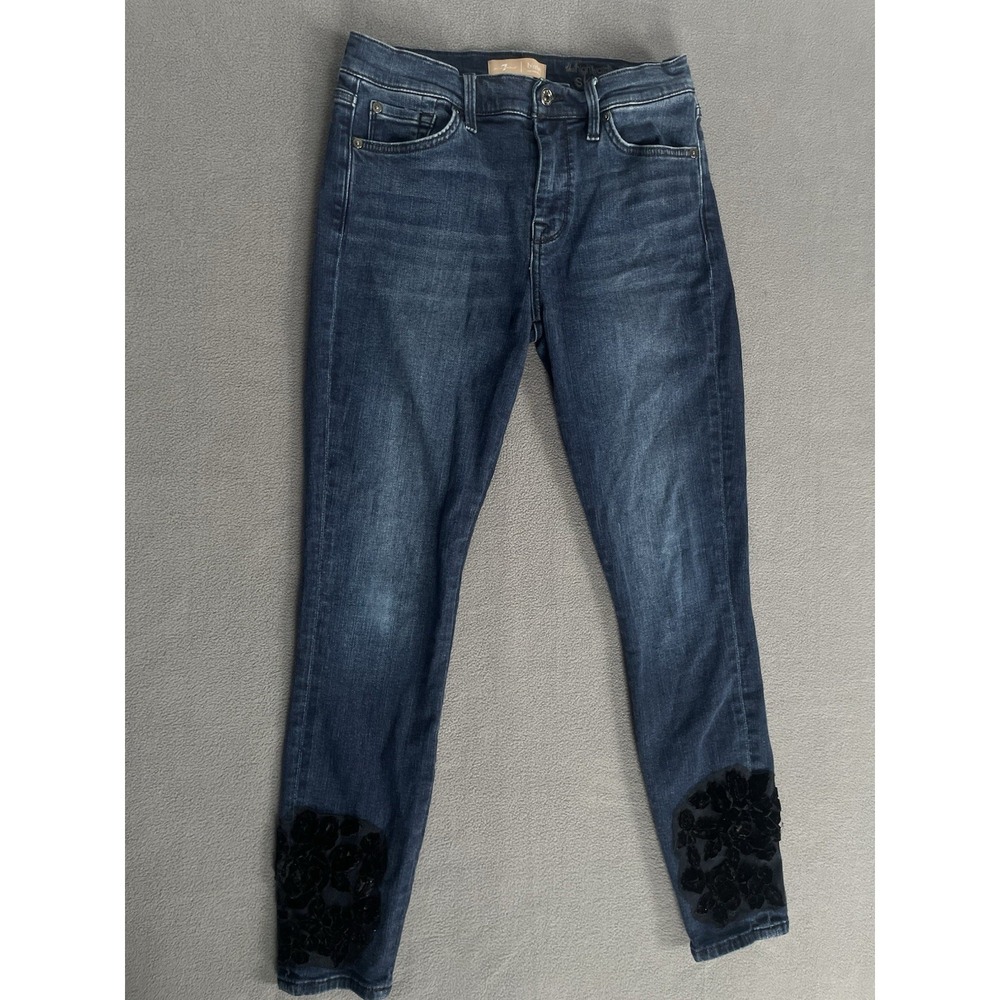 7 For All Mankind B(air) The High Waist Skinny Ankle Sz 28 Black Floral Bottom